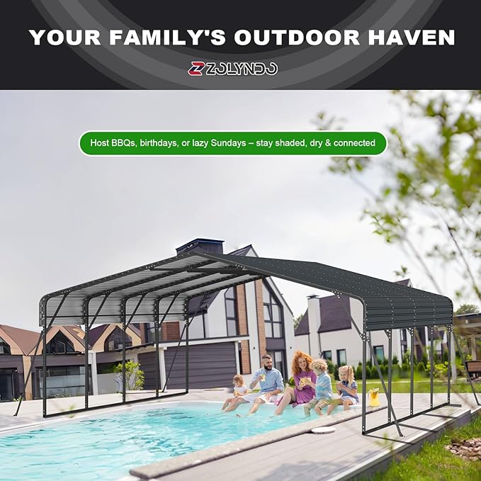 20x20FT 2 Car Metal Carport Kits, Heavy Duty Two Car Ports on Clearance with Galvanized Metal Roof, Outdoor Garage Double Car Shelter Shade for Car, Boats and Truck (Dark Gray)