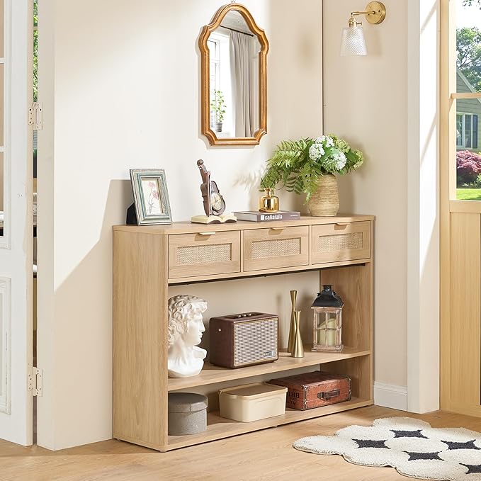 LEYAOYAO 48" Boho Rattan Console Table with 3 Drawers Set of 2,Wooden Entryway Table with Open Storage Shelf, 3 Tier Narrow Long Behind Couch Sofa Tables for Living Room, Hallway, Foyer, Natural Wood