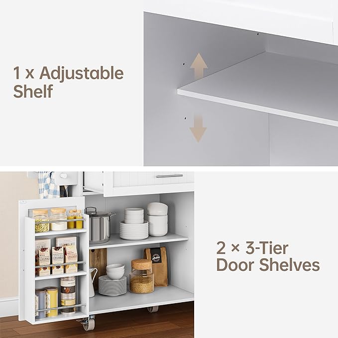 Rolling Kitchen Island with Drop Leaf, Kitchen Island Cart on Wheels with 43.3" W Top, Portable Kitchen Cart with Trash Can Storage, Kitchen Islands with Storage for Small Space, White