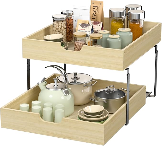 COOLBEBE Pull Out Cabinet Organizer, 2 Tier Soft Close Pull Out Drawers for Cabinets, 20" W x 21" D Wood Cabinet Drawers Slide out, Pull Out Shelves in Kitchen, Pantry, Bathroom