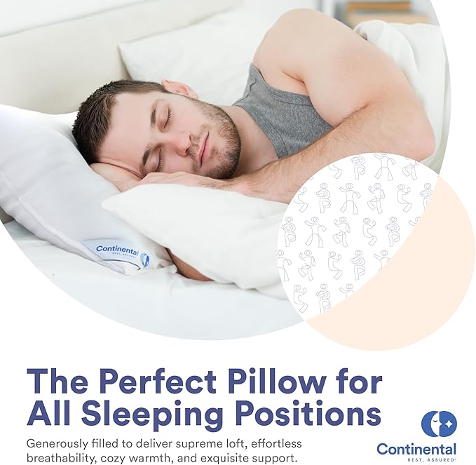 Continental Bedding Feather Goose Down Pillows - Luxury & Breathable Bed Pillows for Sleeping, Back, Side & Stomach Sleepers - Queen Size, Medium Support, Pack of 2-50% Down & 50% Feather Filled