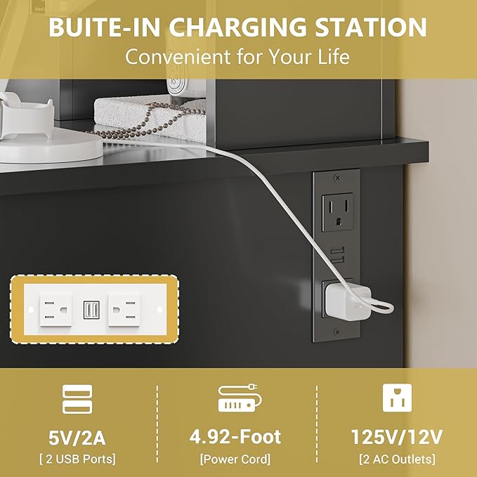 Vanity Desk with Mirror and Lights, 43'' Black Makeup Dressing Table Set with 5 Drawers & Chair, Power Outlet, 3 Lighting Modes Adjustable Brightness & RGB LED for Women Girls Bedroom Bathroom