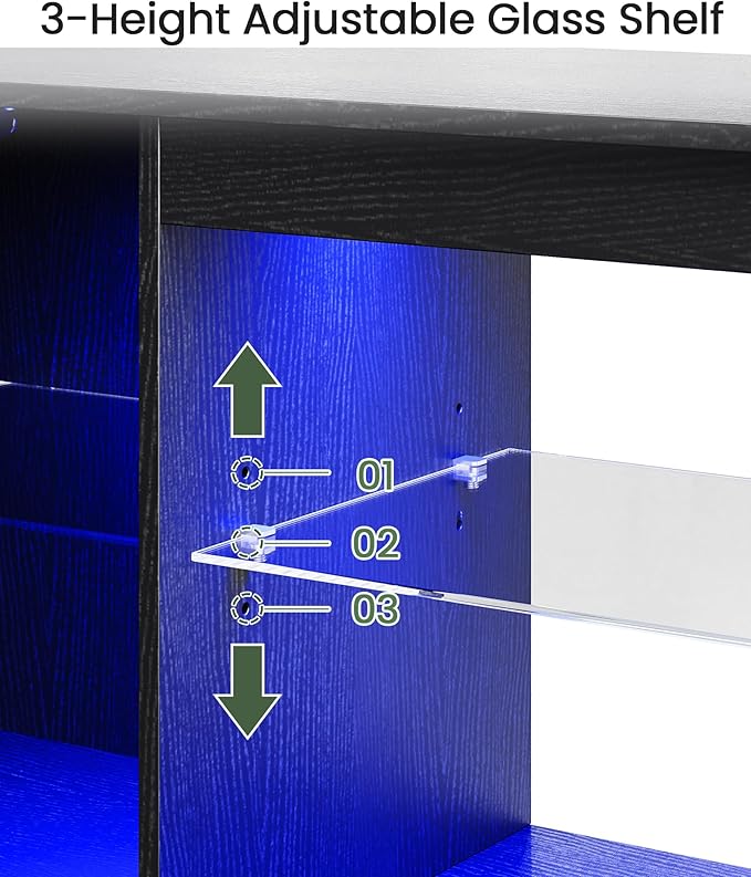 TV Stand with Power Outlets 55 65 inch, Modern Entertainment Center with Multi-Color LED Light, Media TV Console with Adjustable Glass Shelves for Living Room Black MDS01UDBB