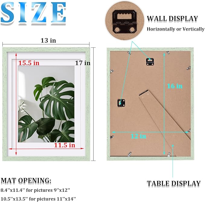 Egofine 12x16 Picture Frame Made of Solid Wood, Display Covered by Plexiglass, Display Pictures 9x12/11x14 with Mat or 12x16 Without Mat for Wall Mounting, Rustic Green
