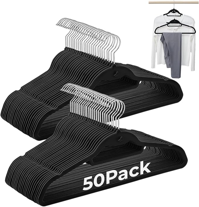 Black Velvet Hangers 50 Pack, Felt Covered Non Slip Fabric with Stackable Cascading Hook, Ultra Thin and Space Saving with 360° Swivel Neck, 15Lbs Capacity for Clothes, Suit, Shirt, Coat