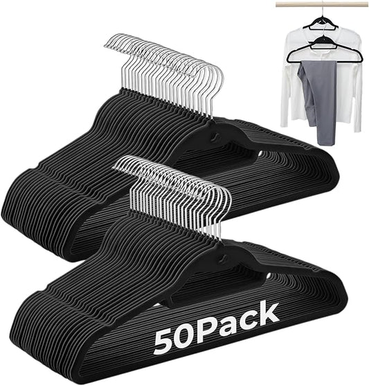 Black Velvet Hangers 50 Pack, Felt Covered Non Slip Fabric with Stackable Cascading Hook, Ultra Thin and Space Saving with 360° Swivel Neck, 15Lbs Capacity for Clothes, Suit, Shirt, Coat