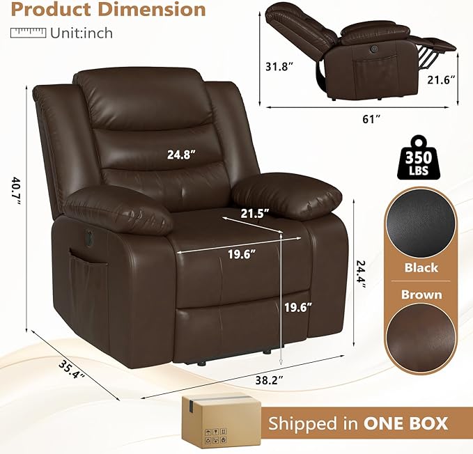 ANJ Power Lift Recliner Chair with Massage and Heat, PU Leather Overstuffed Electric Lift Chair for Elderly, Oversized Single Sofa Recliner with Side Pockets, Remote Control(Brown)