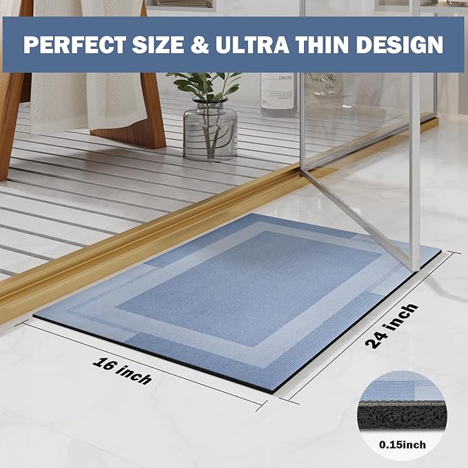 Non Slip Bath Mat, Rubber Backing Ultra Thin Bathroom Rugs Fit Under Door Quick Dry Super Absorbent Washable Bath Rug Shower Mat for Bathroom Floor Bathtub Shower Sink, Easy Care Blue 16"x 24"