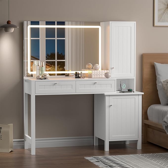 Anmytek Makeup Vanity Desk with Mirror and Lights, Dressing Table with 2 Large Drawer & 2 Storage Cabinet,Vanity Desk with Power Strip, 36" Mirror with 3 Lighting Modes, Suitable for Bedroom, White