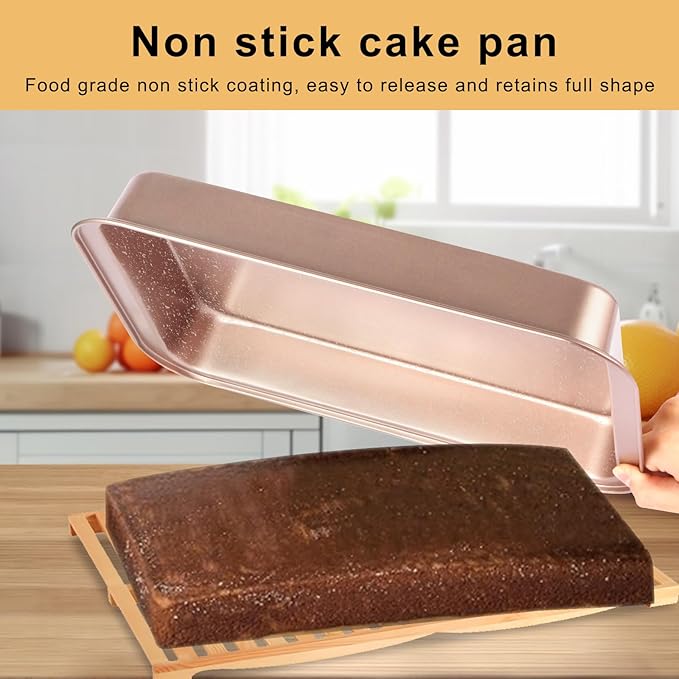 9x13 Baking Pan, Rectangle Cake Pan Nonstick, Bakeware Baking Pans for Oven, Easy Clean, Carbon Steel Cake Pan for Lasagna Brownies Casseroles Cakes Pan, Rose Gold
