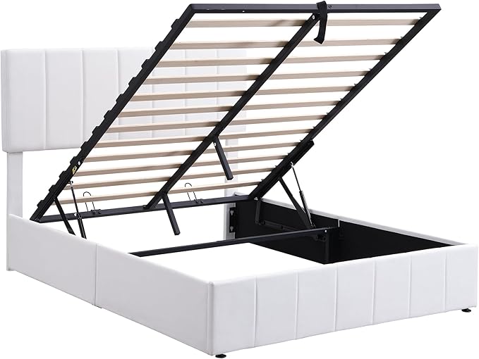 Full Size Bed Frame with Headboard, Elegant Linen Upholstered Platform Bed with a Hydraulic Storage System, Linen Fabric Backrest and Pine Wood Slats, No Box Spring Needed, White
