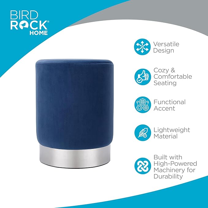 BIRDROCK HOME Round Ottoman Foot Stool – Soft Padded Modern Stool Design – Ideal for Living Room, Bedroom – Compact Footrest, Vanity Chair, Small Furniture – Foam Seating, Decorative Accent (Blue)