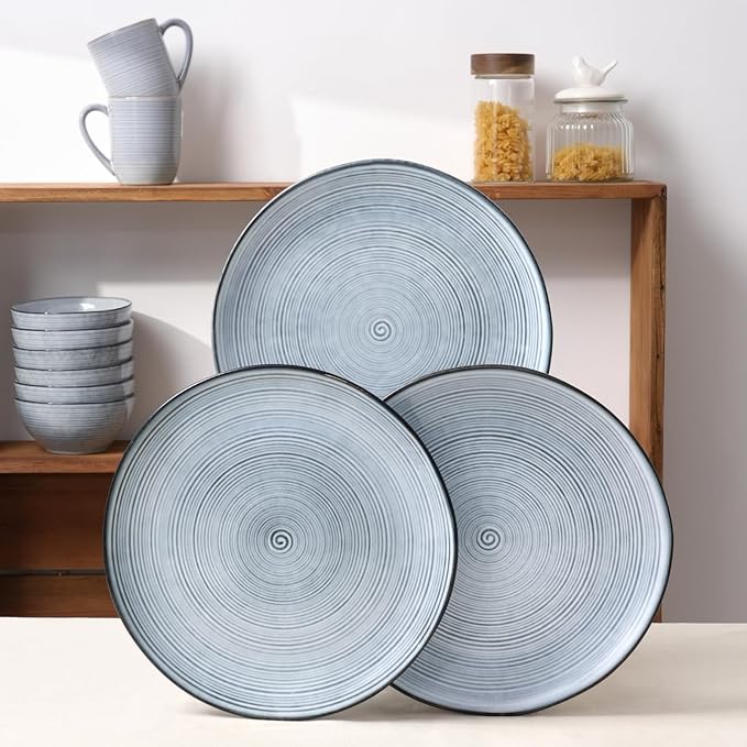 Famiware Tempus Plates and Bowls Sets for 6, 18 Pieces Stoneware Dinnerware Sets, Reactive Glaze Dishes Set, Dishwasher & Microwave Safe - Pearl Blue