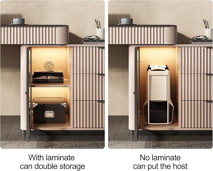 Lartis Office Desk, Very Easy to Assemble, Computer Desk, Home Telescopic Writing Desk, Modern Computer Desk with Retractable Cabinet Built-in LED Lights (Pale Pink, 47 in)