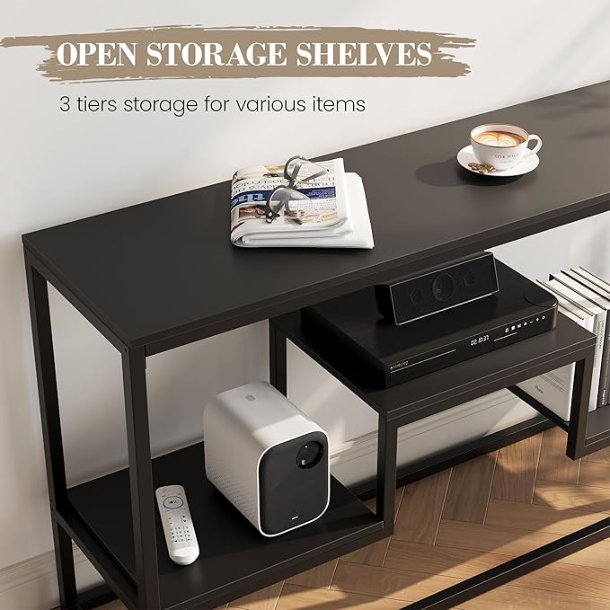 TV Stand for TVs up to 65 Inch, TV Console Table with 3-Tier Open Storage Shelves, Modern Industrial Entertainment Center for Living Room, Bedroom, Black