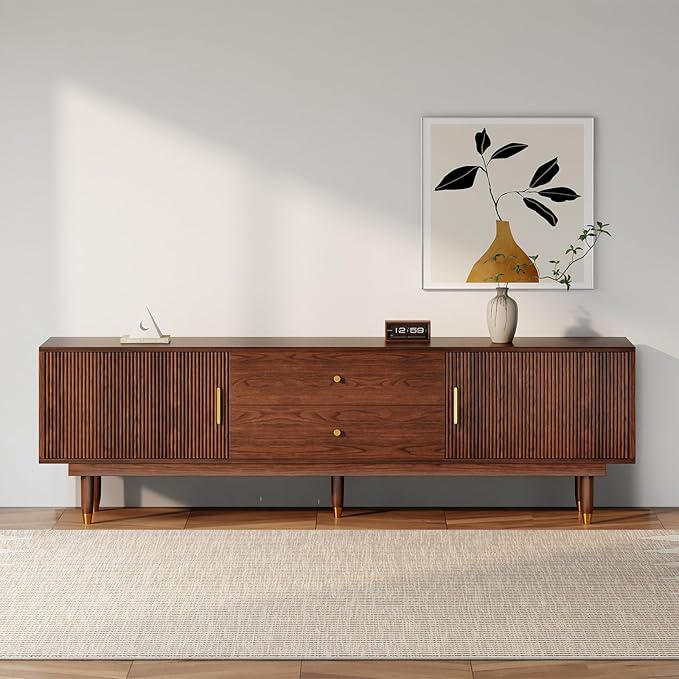Mid Century Modern TV Stand for 75 inch TV, 70.9" Walnut TV Console with 2 Storage Cabinet & 2 Drawers, Entertainment Center, Media Console for Living Room/Bedroom