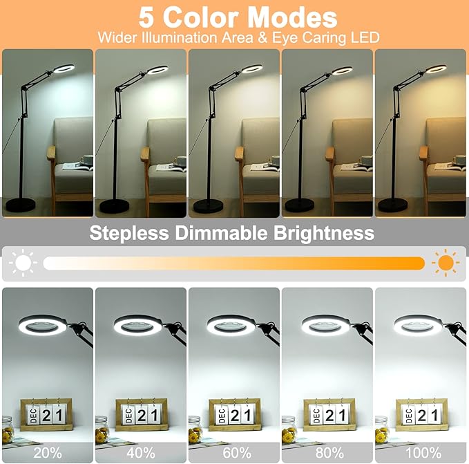 Drdefi 10X Magnifying Glass with Light and Stand, 3-in-1 Adjustable Swing Arm Magnifying Floor Lamp, 5 Color Modes Stepless Dimmable LED Lighted Magnifier Lamp with Clamp for Craft Reading Close Work