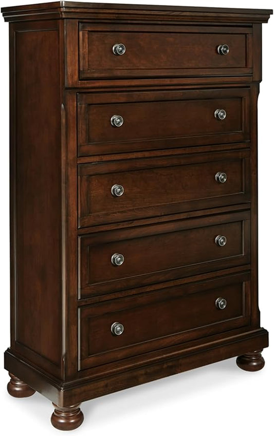 Signature Design by Ashley Porter Traditional 5 Drawer Chest of Drawers, Dark Brown