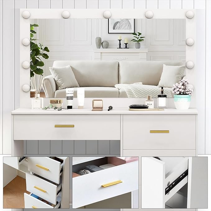 Vanity Desk with Mirror and Lights, Dressing Table with Drawers, 3 Colors Lighting Adjustable Brightness, Makeup Table with Large Mirror for Girls, Women