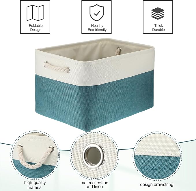 meekoo 8 Pack Collapsible Storage Bins Fabric Storage Bins Polyester Fabric Baskets with Handles Linen Closet Organizer for Shelf Home Closet Towels Toys(15 x 11 x 9.5 in,Cyan White)