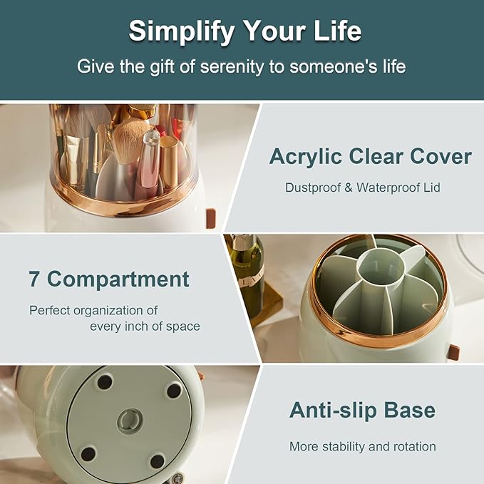 Makeup Brush Holder Organizer with Lid, Rotating Dustproof Make Up Brushes Organizer with Clear Acrylic Cover for Vanity Desktop Bathroom Countertop (Light green)