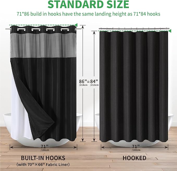 Extra Long No Hooks Needed Linen Textured Shower Curtain with Snap-in Fabric Liner Set,Black Hotel Luxury Decor Shower Curtains for Bathroom,Waterproof & Washable,71Wx86H