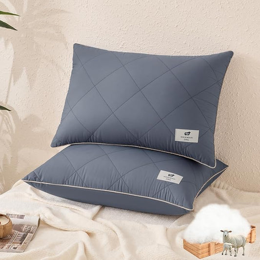 YOUR MOON Organic Wool Pillow King Size Set of 2, Soft Support Bed Pillows for Sleeping, Luxury Down Alternative Pillow for Side & Back Sleepers, 100% Cotton Cover, Natural Wool Filling (Gray)