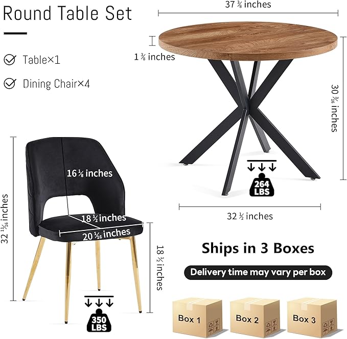 NORDICANA 5-Piece Dining Table Set for 4 - Space Saving 37-Inch Round Table and Chairs, 4 Seaters Dining Set with Upholstered Dining Chairs (Black)