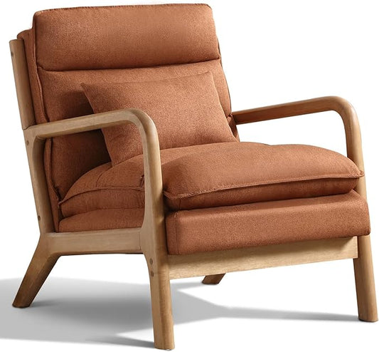 Phoenix Home Accent Chair Mid Century Lounge Chair PU Leather, Upholstered Reading Armchair with Lumbar Pillow & Solid Wood Frame for Office, Living Room Bedroom, Balcony, Brown