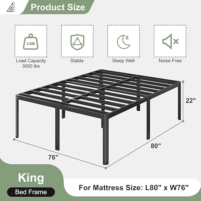22 Inch High King Bed Frame with Rounded Corner Legs, Sturdy Mattress Foundation, Heavy Duty Metal King Size Platform No Box Spring Needed, Noise Free, Easy Assembly, Black