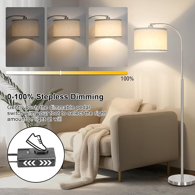 Boncoo Arc Floor Lamp, Dimmable Floor Lamp for Living Room, Standing Lamp with Adjustable Drum Shade, Tall Pole Lamp for Bedroom Study Room Office, 9W 3000K LED Bulb Included