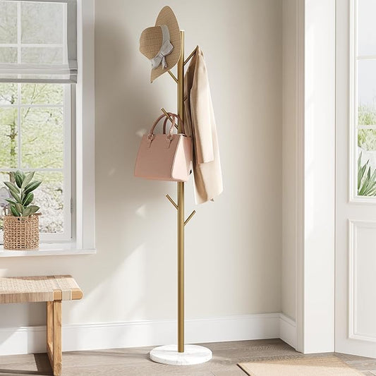 ELYKEN Coat Rack Freestanding with Natural Marble Base, Metal Coat Rack Stand with 10 Hooks, 3 Adjustable Size Coat Tree for Bags, Clothes, and Hats for Entryway, Bedroom, Hallway, Office, Gold