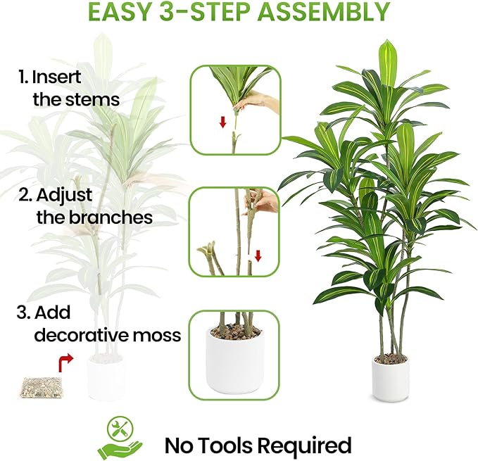 Artificial Dracaena Tree 5FT Tall, Realistic Faux Indoor Floor Plant for Home & Office Decor, White Round Planter with Decorative Stones – UPBUD