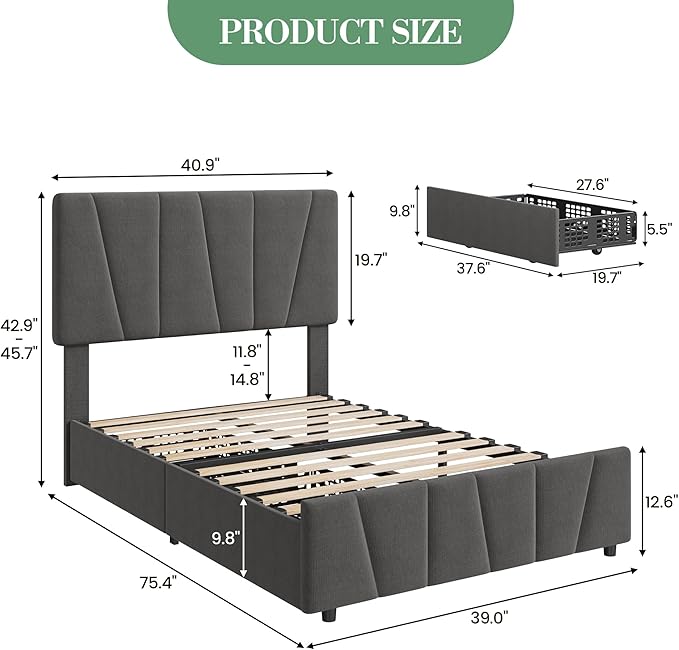 GarveeHome Twin Size Bed Frame with Adjustable Headboard and 2 Storage Drawers, Soft Upholstered Platform Bed Frames with Wooden Slats Support, No Box Spring Needed, Dark Grey