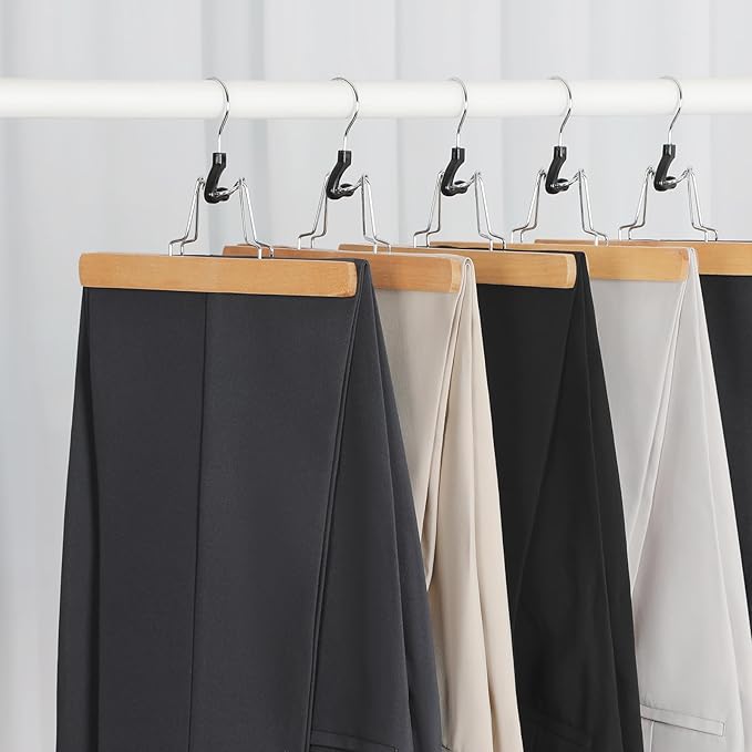 TOPIA HANGER 24 Pack Wooden Pants Hangers, Hair Extension Hangers Non Slip Skirt Hanger Wood Clamp with Velvet Padded 360° Swivel Hook for Jeans, Skirts, Trousers, Wigs Natural CT68N