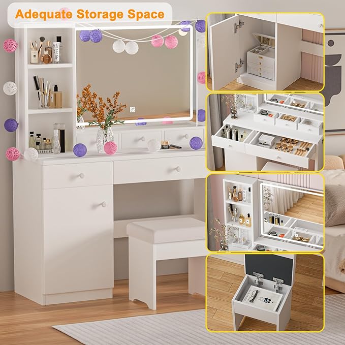 Makeup Vanity Desk with Mirror and Led Lights,Makeup Desk with Lights 3 Colors,Makeup Vanity with 5 Drawers&3 Shelves, Vanity Table with Stool and Power Outlet, Vanity Set for Bedroom,White