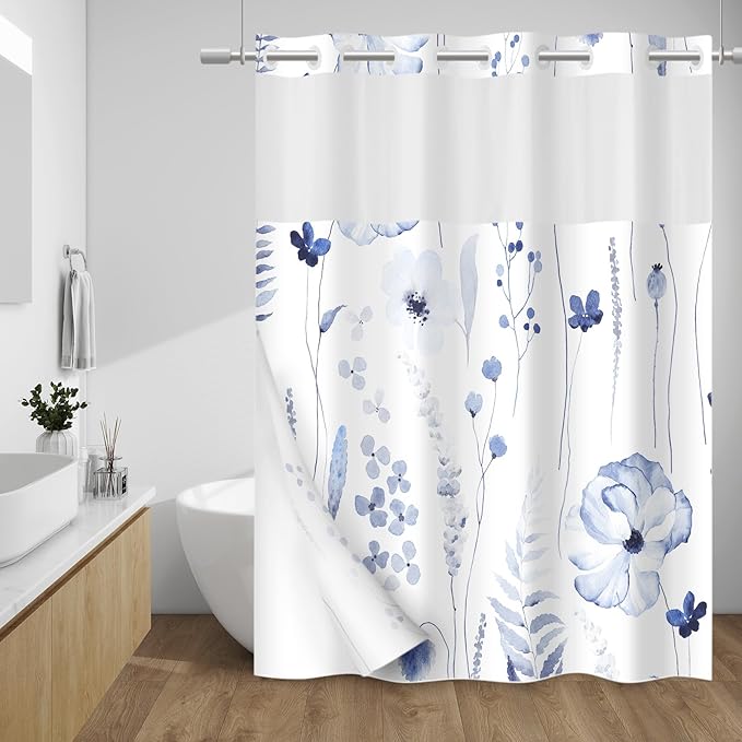 No Hook Shower Curtain with Snap in Liner - Floral Shower Curtain - Fabric Waterproof Inner Liner, Plants Watercolor Navy Modern Cloth Shower Curtains - Machine Washable, 71 x 74