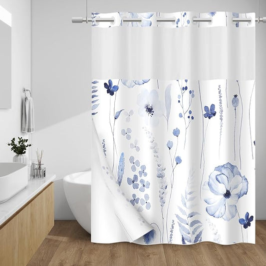 No Hook Shower Curtain with Snap in Liner - Floral Shower Curtain - Fabric Waterproof Inner Liner, Plants Watercolor Navy Modern Cloth Shower Curtains - Machine Washable, 71 x 74