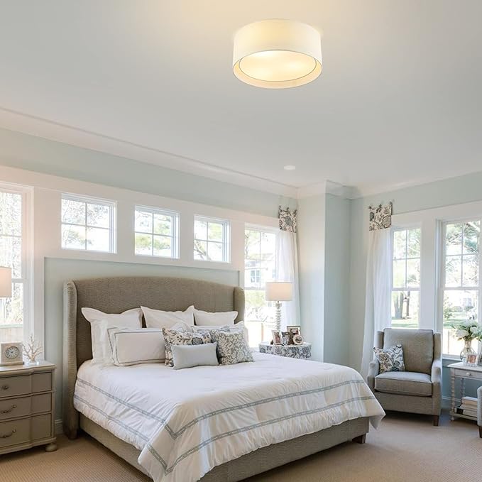 WINGBO 15.7" Modern 3-Light Flush Mount Ceiling Light Fixture with Fabric & Acrylic Double Drum Shade for Bedroom Living Room Dining Room Hallway Entryway, Beige