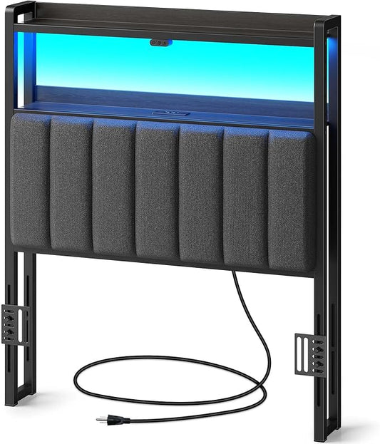 Rolanstar Headboard for Twin Size Bed with Storage, 60,000 DIY Color of LED Light, Head Board with USB & Type C Port, Height Adjustable, Black Upholstered Cabeceras de Cama Comfortable Modern, Linen