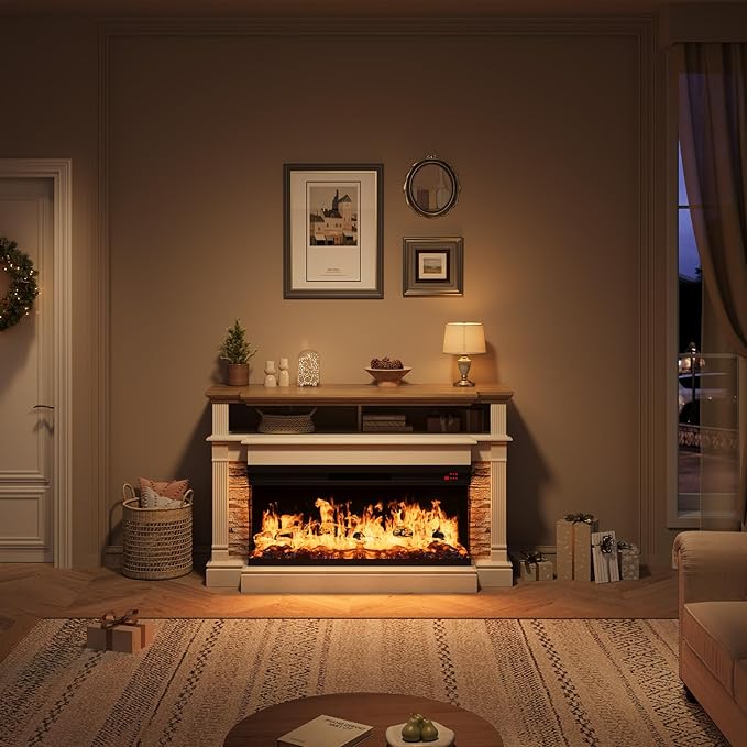 QUW Fireplace TV Stand for TVs up to 65", Farmhouse 52" Fireplace Entertainment Center with 36" 3-Side Glass Electric Fireplace, TV Console with Open Storage Shelves for Living Room, Antique White