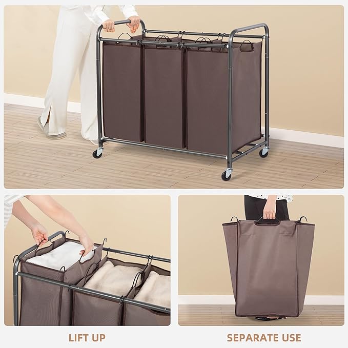 STORAGE MANIAC 3 Section Laundry Sorter, 35.9 Gal (136 L) Laundry Hamper Cart with Heavy Duty Rolling Lockable Wheels and Removable Bags, Clothes Organizer Basket Clothes Separator Hamper, Brown