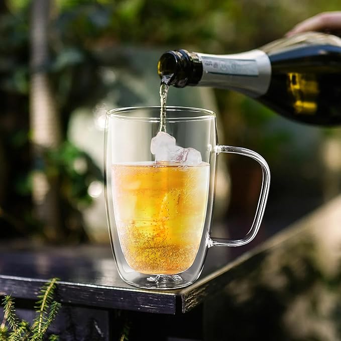 Joeyan Large Clear Double Walled Glass Coffee Mugs 16 oz, Double Layer Tea Latte Cappuccino Glasses Cups with Handle, Double Lined Insulated High Borosilicate Glassware for Hot Drinks, Set of 2