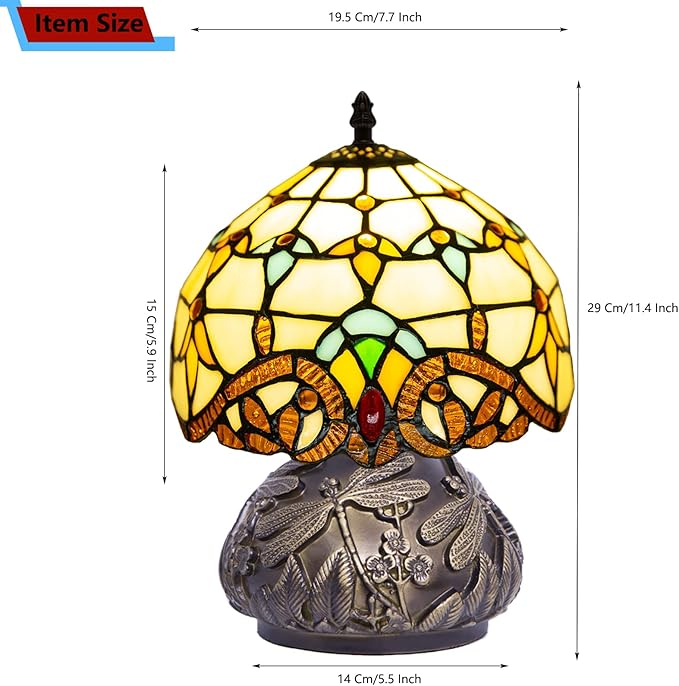 Small Tiffany Stained Glass Lamp, 3 Color Temperatures Bedside Lamp, 8 Inch Mushroom Desk Light for Bedroom Living Room Office Home Decor (Beige Baroque)