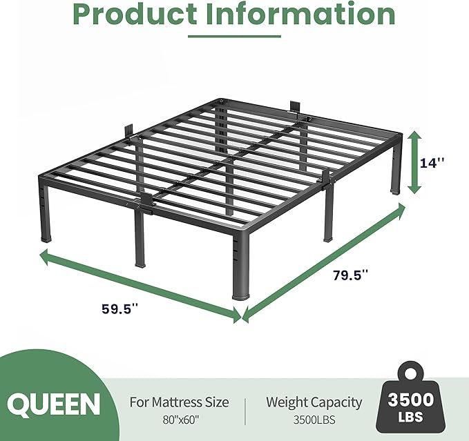 NKZ 14 Inch Queen Bed Frame, Sturdy Metal Platform with Round Corner Legs, 3,500 lbs Heavy Duty Steel Slat Support, Easy Assembly, Noise Free, No Box Spring Needed