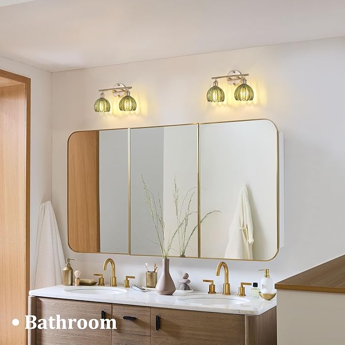 Bathroom Light Fixtures, 2-Light Vanity Wall Light Over Mirror with Green Tulip Glass Shade for Bedroom Living Room, Satin Nickel