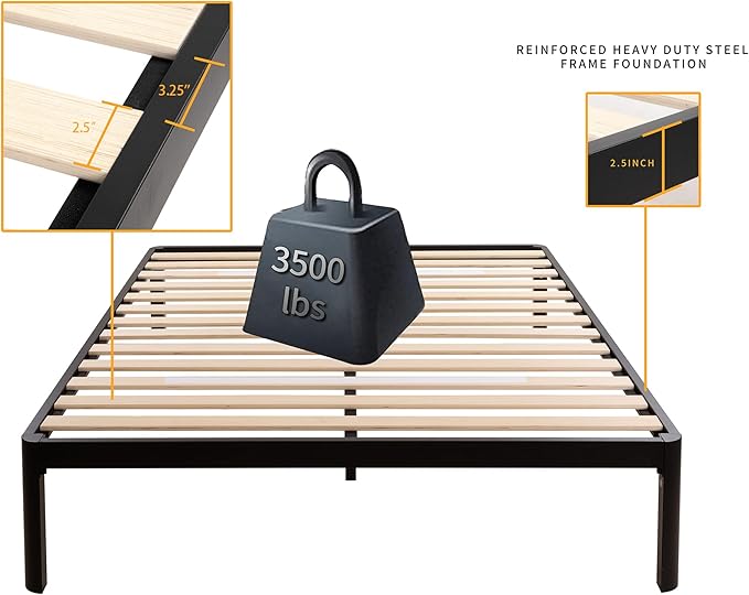 MAF 14 Inch Queen Platform Bed Frames with Wooden Slats, Black 3500 Lbs Heavy Duty Metal Bed Frame with Anti-Collision Round Legs, No Box Spring Needed, Easy Assembly