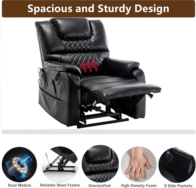Recliner with Lift Assist for Seniors, Heavy Duty Lay Flat Recliner 180-Degree, Dual Motor Power Stand Up Lift Chair with Massage and Heat, Infinite Position Electric Recliner Chair for Elderly