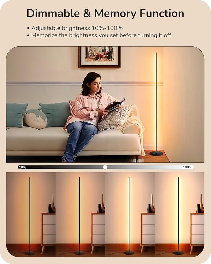 EDISHINE LED Corner Floor Lamp, 57.5" Minimalist Dimmable Sleek Light, Adjustable Height, Standing Tall Floor Lamps for Living Room, Bedroom, Office, 3000K Warm White Light, Black