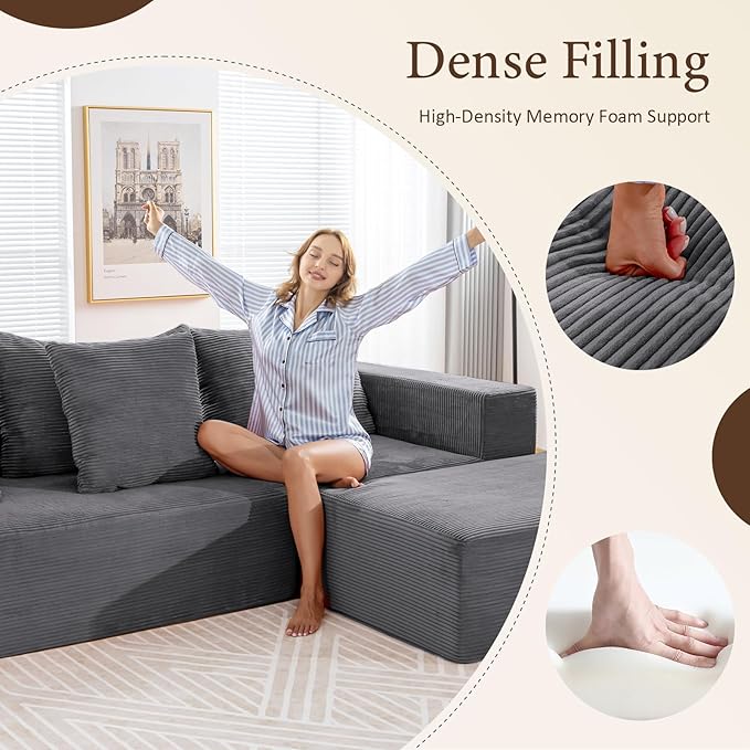 INGEROOM 108" Cloud Sectional Couch with L-Shape Chaise, Modular Sofa Memory Foam, Boneless Sofa with Movable Ottoman, Upholstered Couches for Living Room Bedroom, No Assembly Required, Dark Gray